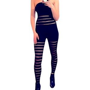 Hera Collection Black Ribbed Shadow-Striped Tube Jumpsuit